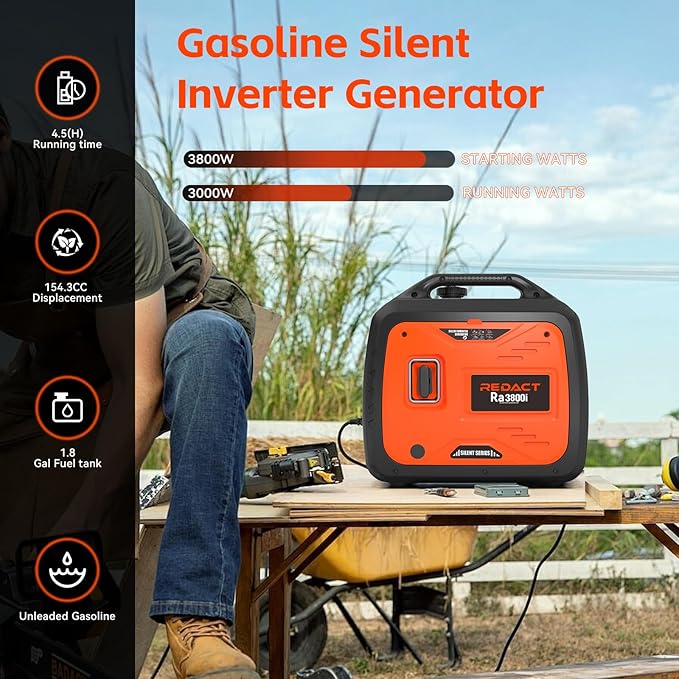 3800 Watts Portable Inverter Generator - Small Gasoline Powered for Home Backup, Camping, RV, Tailgating & Emergencies with CO Protection, Eco Mode, Recoil Start, Parallel Capable