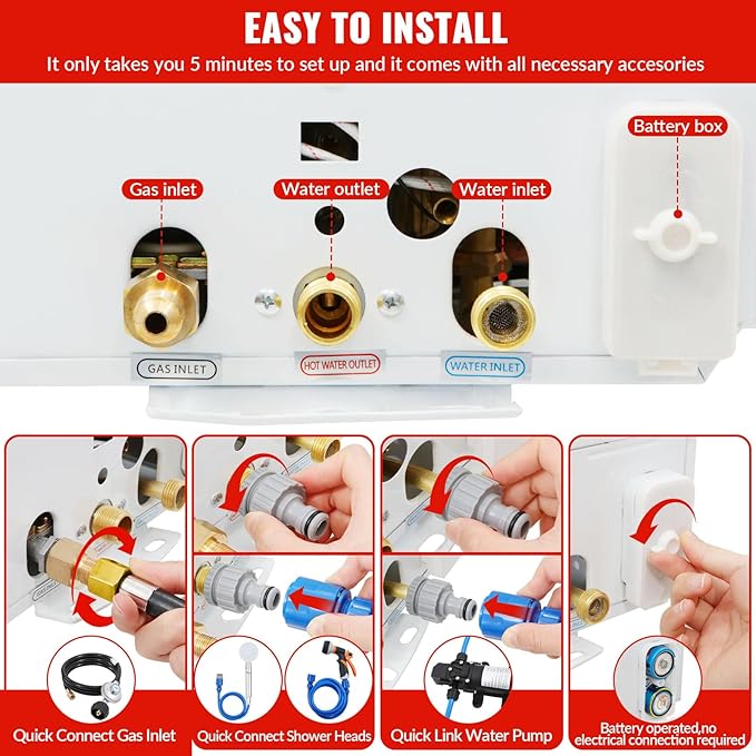 Tankless Water Heater Propane,2.11GPM 8L Outdoor Portable Water Heater,with 2 GPM Water Pump, with Digital Display Multi-Protection for Camping Trips Boat Cabins