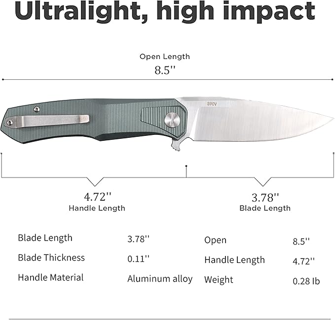 Tactical Folding Knife – 3.78" S90V Steel Blade, EDC Pocket Knife with Liner Lock & Aluminum Handle, Outdoor Knife for Men, Camping, Survival, Everyday Carry