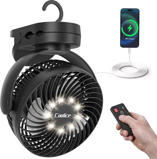 Camping Fan with Remote Control - 12000mAh Rechargeable Battery Powered Fan, Camping Fans for Tents with LED light & Hanging Hook, Rechargeable Battery Operated Ceiling Fans for Tent RV Bed, Black