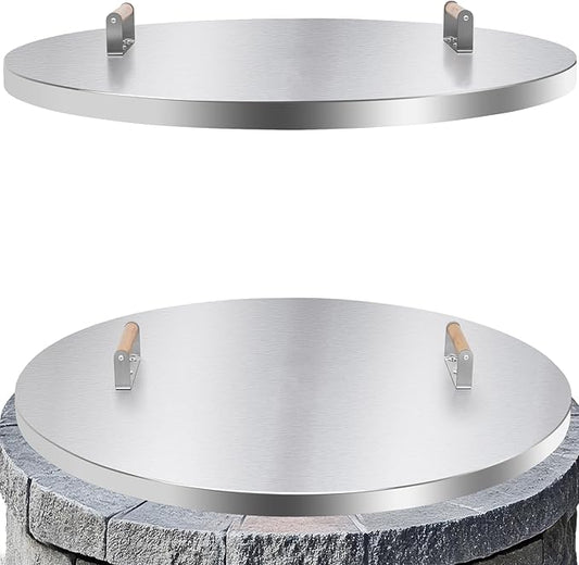 Fire Pit Lid Cover Round - 34" Stainless Steel Rust Resistant Firepit Cover or Table with 2 Wooden Handles for Patio Fire Pit, Weatherproof for All Seasons, Fits Fire Pits Up to 32"
