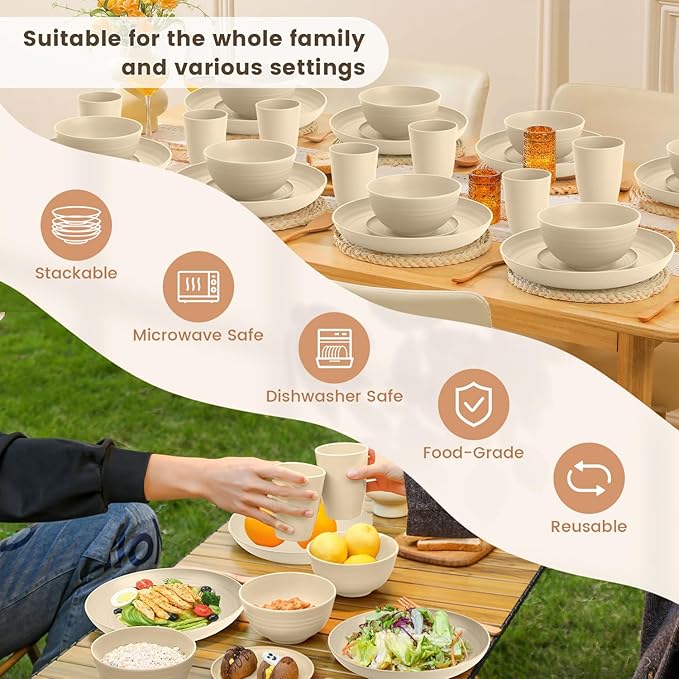 Homienly 32 PCS KItchen Wheat Straw Dinnerware Sets for 8, Reusable Plates and Bowls Sets, Dishes Set for 8, Alternative to Plastic Dish Set for Camping, PIcnic, Microwave and Dishwasher Safe - Beige