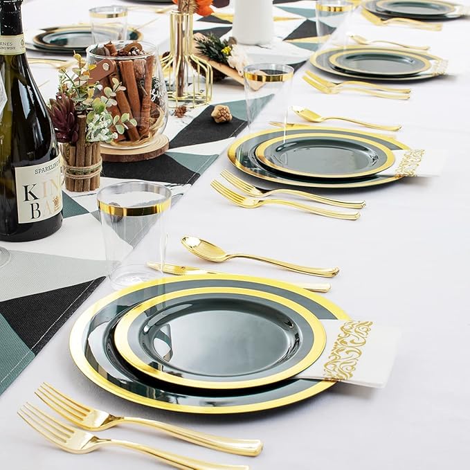 Nervure 102PCS Green Plastic Plates - Disposable Emerald Green Party Plate Include 51PCS 10.25inch Dinner Plates & 51PCS 7.5inch Dessert Plate for Wedding & Party