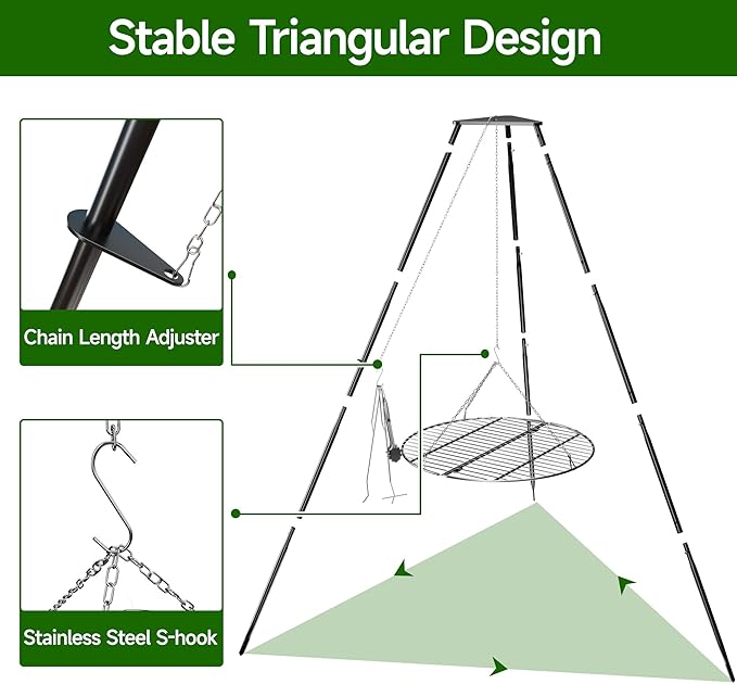 Campfire Tripod for Cooking, Portable & Collapsible Camping Cooking Tripod Grill with Round Grate for BBQ Picnic Outdoor Cookware Party