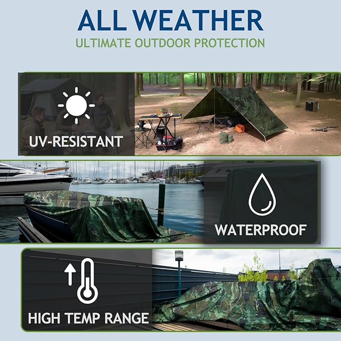 Camouflage Tarp 16x20Ft Waterproof Tarps with Grommets, Multipurpose Finished Size Tarps for Indoor and Outdoor Use, 5 MIL Light Duty Tarpaulin for Car, Camping, Boat, Roof, Protective Cover