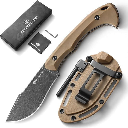 Survival Knife with Fire Starter L-Y, 7.68" Full Tang Small Fixed Blade Knife with Belt Clip, Khaki + Stonewashed Black