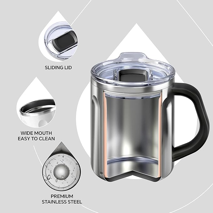 Ideus 16 oz Coffee Cup, Stainless Steel Coffee Travel Mug, Spill Proof Tea Mug with Handle and Lid, Lightweight and Durable, Great for Office Home and Outdoor Use, White