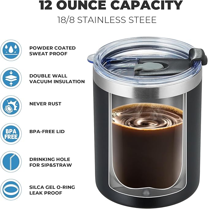 MEWAY 12 oz Lowball, Tumbler Stainless Steel Double Wall Vacuum Insulated Mug with Straw and Lid, Cleaning Brush ，Durable Powder Coated Insulated Coffee Cup for Cold & Hot Drinks (Black, 12 pack)