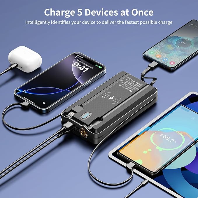Solar Power Bank Portable Charger 52800mAh 5V/3A Fast Charging Battery Pack with Built in 4 Cables 2 Outputs & LED Flashlight for All Mobile Devices Camping Traver Outdoor