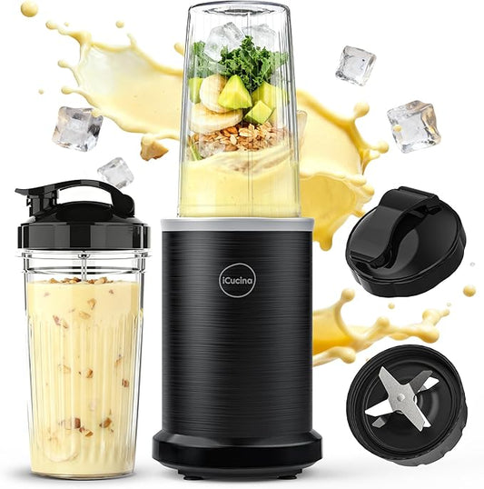 iCucina Smoothie Blender, 1000W Personal Blender for Shakes and Smoothies with 2 x 37oz Protable Cups and Lids, Single Serve Blenders for Ice Crushing, Bean Grinding, Frozen Fruit Drinks, Black