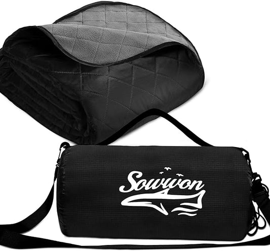 Waterproof Outdoor Blanket 82”X 55” Packable, Stadium Blankets for Camping with Fleece Lining, Large Windproof Emergency Throw Mat for Garss Picnic Hiking Road Trip, Machine Washable, Black 280GSM