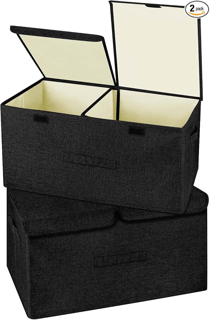 2 Pack Large Linen Fabric Collapsible Storage Bins with Lid and Handles, Washable Storage Box Baskets Cube with Removable Divider for Bedroom,Closet,Office,Living Room,Nursery (Black, Large)