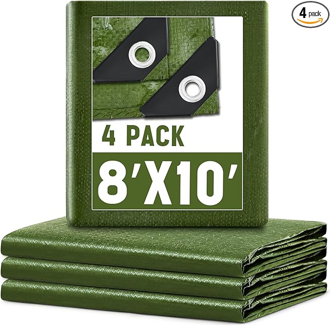 4 Pack 8 x 10 ft 5.5 Mil Large Tarps Heavy Duty Waterproof Tarp Multi Purpose Tent Cover for Home Boats Cars Camping Patio Furniture Roof Emergency Rain Protective Cover, Army Green