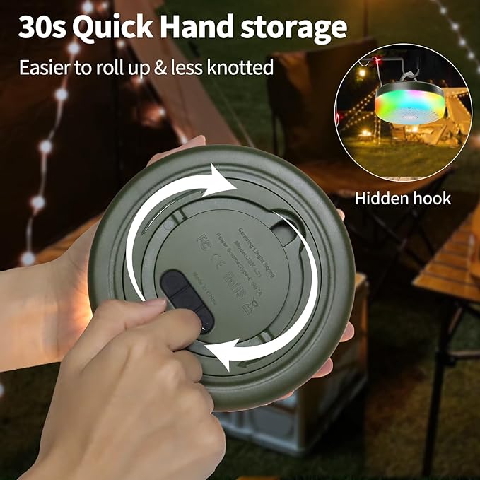 Camping String Lights, 4000mAh Rechargeable Tent Lights String with 13 Lighting Modes, 32.8ft Retractable Waterproof Camp Light, Outdoor Portable Camping Lights for Tent, Travel, Garden Decoration