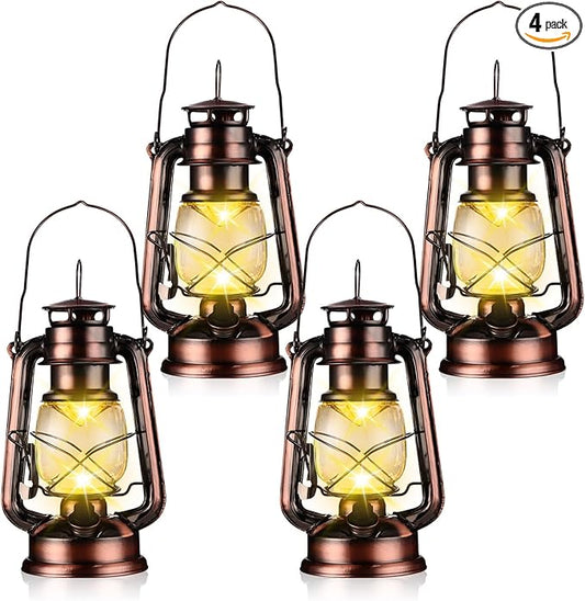 4 Pcs LED Vintage Lanterns Battery Operated Warm White Old Hurricane Lantern Antique Metal Hanging LED Lamp with Dimmer Switch for Indoor Table Outdoor Christmas Halloween(Bronze)