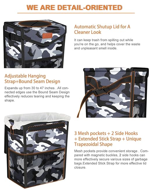 Car Trash Can with Lid, Cute Leakproof Car Trash Garbage Bag Hanging Vehicle Trash Bin Small Portable Automotive Garbage Cans Organizer for Back/Front Seat/Console(Trapezoid,Camo Grey)