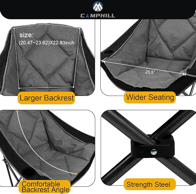 Folding Camping Chair,Oversized Portable Camping Chair with Cup Holder,Heavy Duty Padded Lawn Chair for Camping, Tailgates, Beach, and Sports