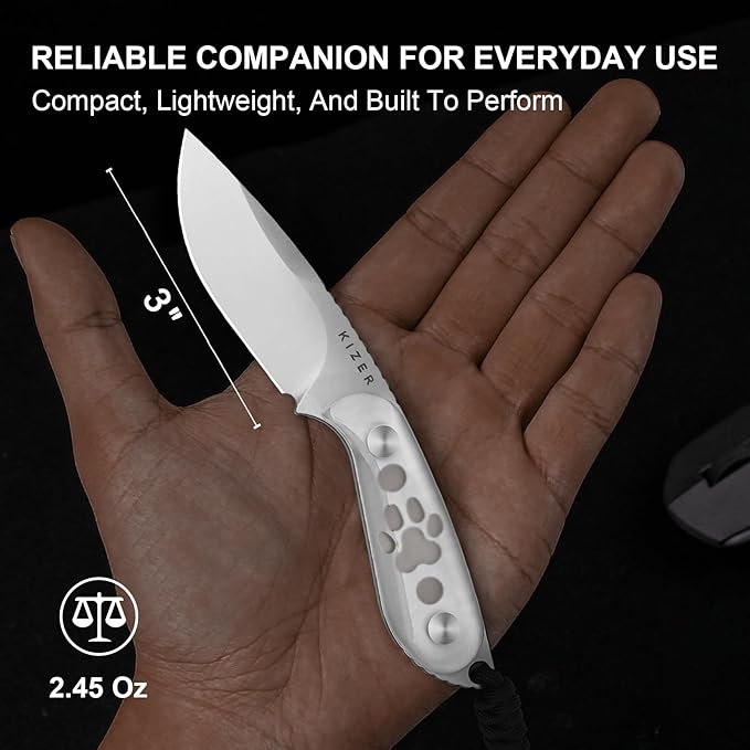 Kizer Buddy Fixed Blade Knife, 3" AEB-L Steel Camping Knife with White Acrylic Handle, Compact EDC Fixed Blade Knives with Sheath for Hiking & Camping 1081A4