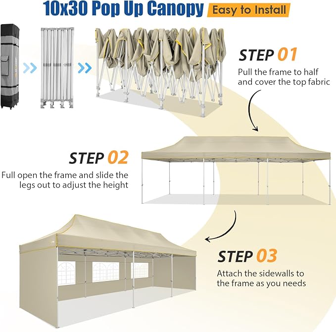 HOTEEL 10x30 Pop up Canopy Tent for Parties, Heavy Duty Easy Setup Tent with 5 Sidewalls, Outdoor Commercial Instant Gazebo for Wedding Event, with Roller Bag & Sand Bags, Khaki(Hexagonal Frame)