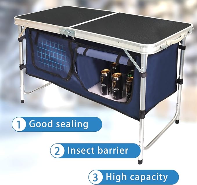 Folding Camping Table with Storage Compartment Aluminum Lightweight Camp Kitchen Table Height Adjustable Indoor/Outdoor Table Perfect for Tailgating, Backyards, BBQ,Picnic, Black