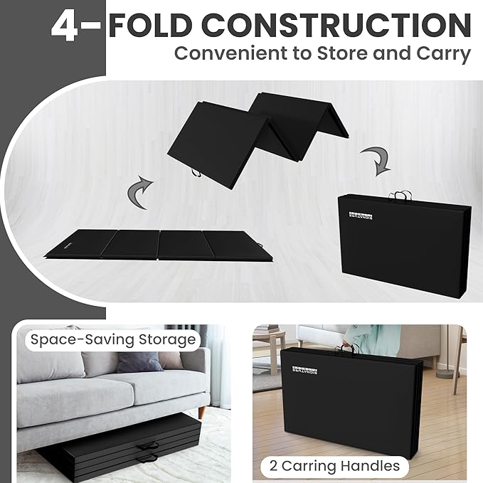 Folding Exercise Gymnastics Mat 10'x4'x2" Gym Workout Mat with Carrying Handles High-Density Anti-Tear Portable Fitness Aerobics Mats for Home Gym Yoga Pilates Tumbling MMA Core Training, Multiple Colors