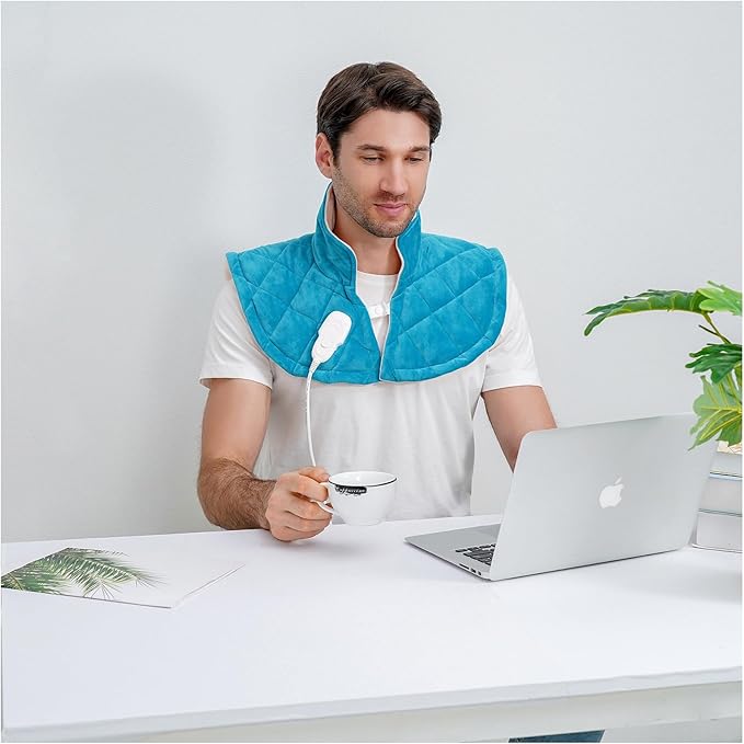 Electric Heating Pad for Neck and Shoulders, Shoulder Heating Pads, Weighted Neck Heating Pad for Pain Relief, 6 Heat Settings Far Infrared Heated Pad with Auto Off (Blue M)