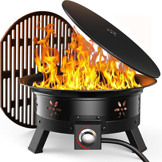 AMADA HOMEFURNISHING 19″ Propane Fire Pit with Grill Grate, 58,000 BTU, Folding Legs, Propane Tank Holder, Cover, and Carry Strap, No Ignition Needed, Easy Flame Adjustment, CSA-Certified, Portable
