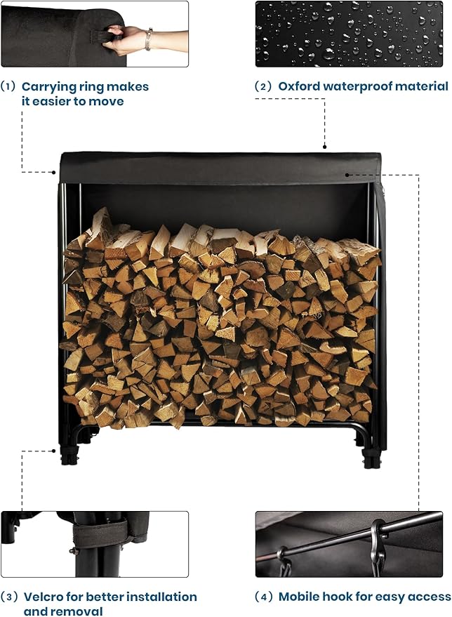 Bettermade Firewood Rack, 4ft firewood rack outdoor with cover for wood storage, Heavy Duty Weather Resistant firewood holder for Outdoor Indoor, Easy to Assemble