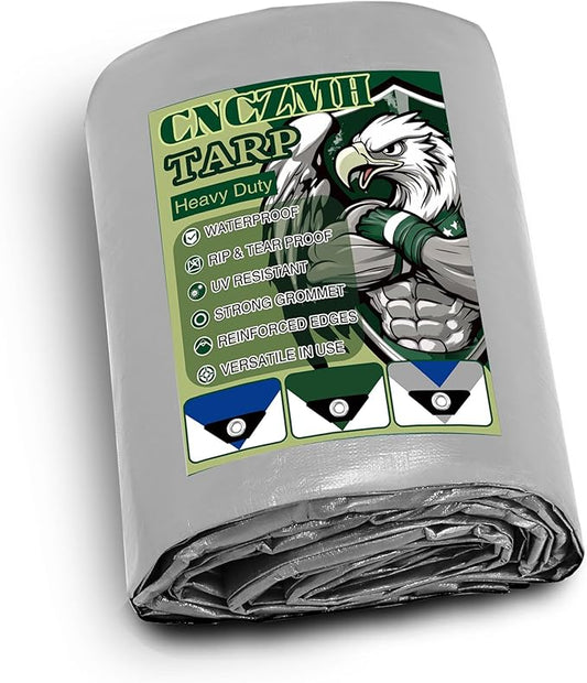 Heavy Duty Tarp Waterproof, 16 Mil Thick Finished Size Tarps Outdoor, Multipurpose Tarpaulin Cover, Small Tarp for Emergency Rain Shelter Camping (Silver/Blue, 12x16ft)