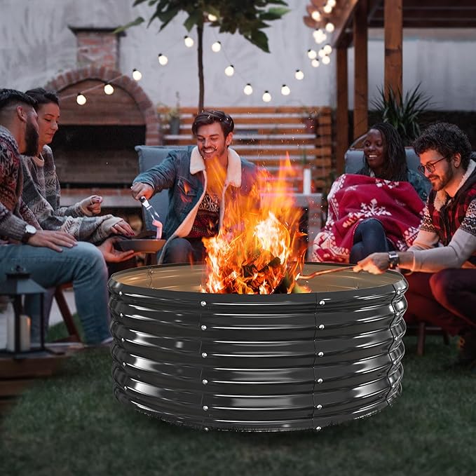 40 Inch Round Galvanized Fire Pit Ring/Fire Ring - Foldable and Perfect for Outdoor Gatherings and Campfires in The Yard/Garden/Park/Beach (Black+Gray, 3.3 FT Diameter+1.5 FT Tall)