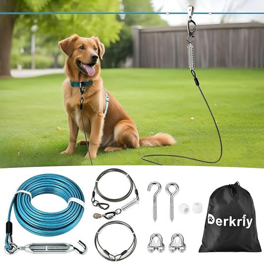 Dog Runner for Yard, Heavy Duty 50FT Dog Runs for Outside with 10FT Tie Out Cable, Trolley System Zipline for Large Dogs Up to 250lbs, Chew Proof Run Cable for Camping
