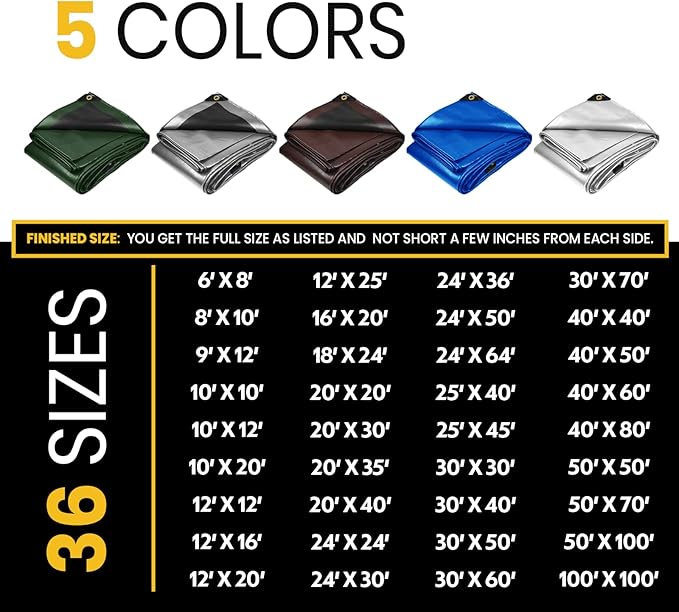 PROTARP Extra Heavy Duty 16 Mil Tarp Cover, Waterproof, UV Resistant, Rip and Tear Proof, Poly Tarpaulin with Reinforced Edges for Roof, Camping, Patio, Pool, Boat. (Silver/Black 30′ X 60′)