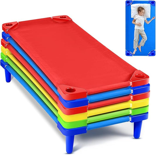 6 Pcs Stackable Daycare Cots for Toddler 54" l x 23" W Kids Cots for Sleeping Portable Kids Bed Furniture Bed Frames Headboards Footboards for Classroom Preschool (Multicolor)