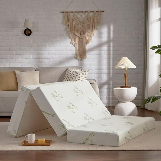 SINWEEK Memory Foam Folding Mattress, 4 Inch Foldable Trifold Mattress Topper, CertiPUR-US Certified Guest Bed with Cooling Cover & Waterproof Lining
