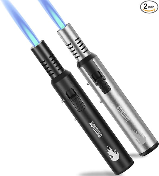 Sondiko Butane Torch Lighter 2 Pack, Refillable Butane Lighter, Kitchen Torch Blow Torch with Safety Lock & Adjustable Flame Culinary Cooking Torch for Food(Black, Silver)