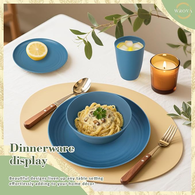 Wheat Straw Dinnerware Set of 32,Unbreakable Dinner Plates and Bowls Dishes Sets Service for 8,Dishwasher Safe Dinnerware Sets for Kitchen and Camping.Navy Blue