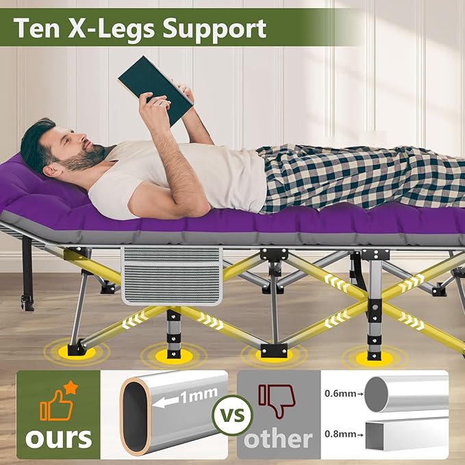 Slendor Folding Camping Cot with Mattress, 74" L x 28" W x 15" H Camp Cots for Adults, Portable Sleeping Cot Bed for Tent, Office, Travel, Max. 500lbs Load, Striated Gray Cot, Gray+Purple Pad