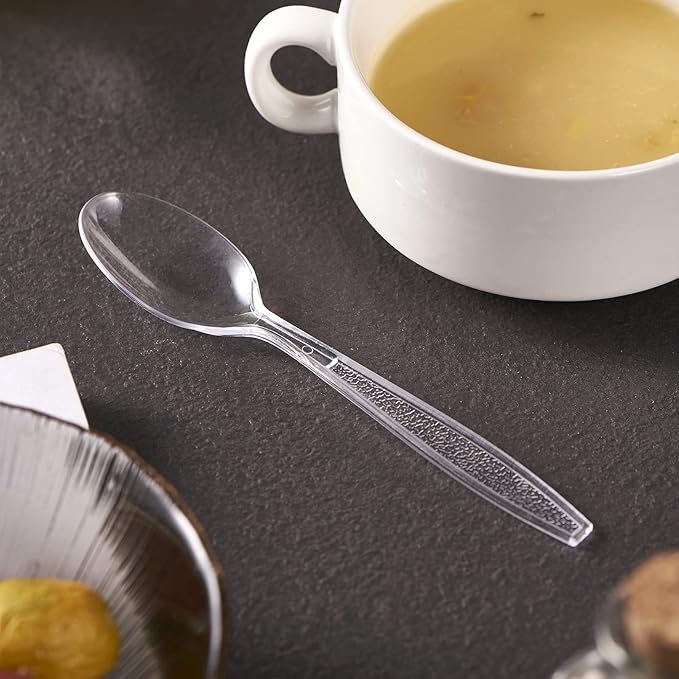 300 Crystal Clear Plastic Spoons Heavy Duty Silverware Set Disposable Serving Utensils Fancy Cutlery Elegant Flatware Heavyweight Plasticware Bulk Premium Sturdy Tableware Party Restaurant Supplies