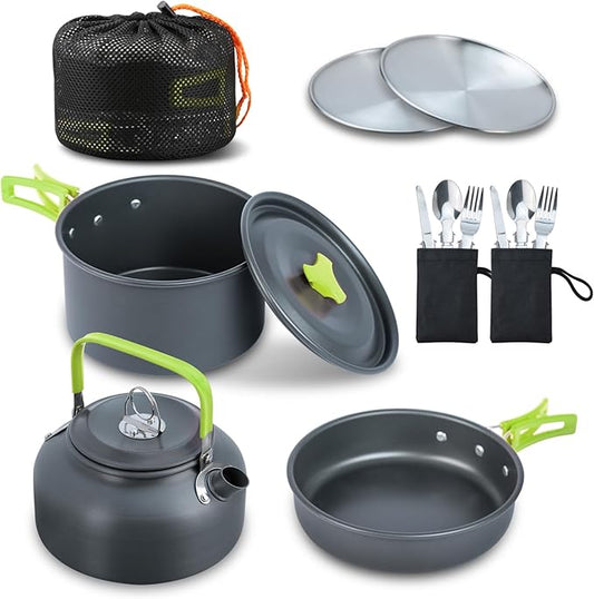 LIXADA 16pcs Camping Cookware Mess Kit, Non-Stick Lightweight Pot Pan Kettle Set with Stainless Steel Plates Forks Knives Spoons, Portable Camping Cooking Set for Outdoor Backpacking Hiking Picnic