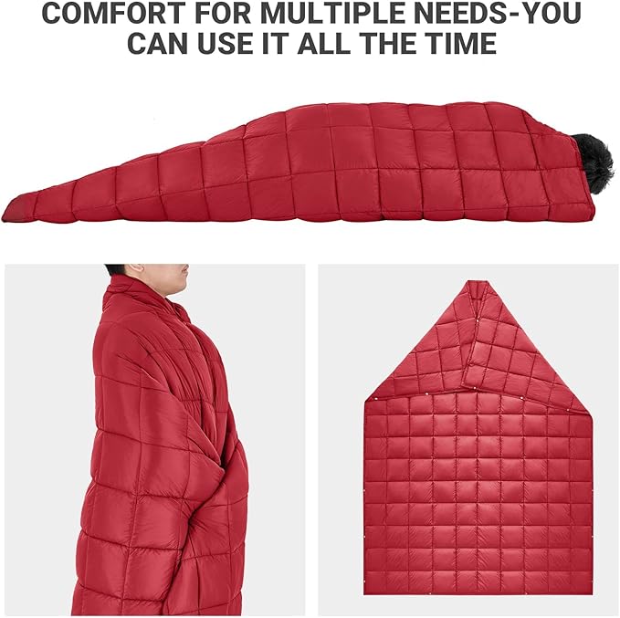 KingCamp Ultralight Camping Blanket, Packable Down Alternative Puffy Wearable Blankets Weatherproof Warm Package Quilt with Snap Buttons for Outdoor Hiking Travel Picnic Stadium (79" x 53", WINE)