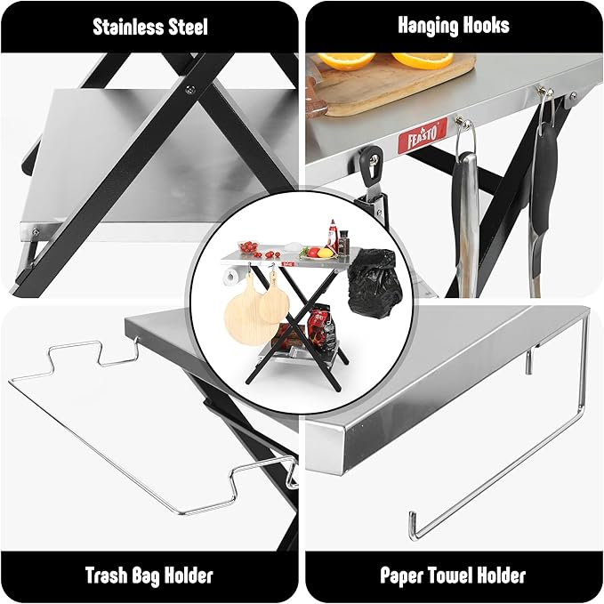 Outdoor Grill Table, Foldable Pizza Oven Stand & Griddle Stand with Garage Rack & Tissue Holder, Folding Outdoor Prep Table for Gathering and Party, 30" x 24", Stainless Steel