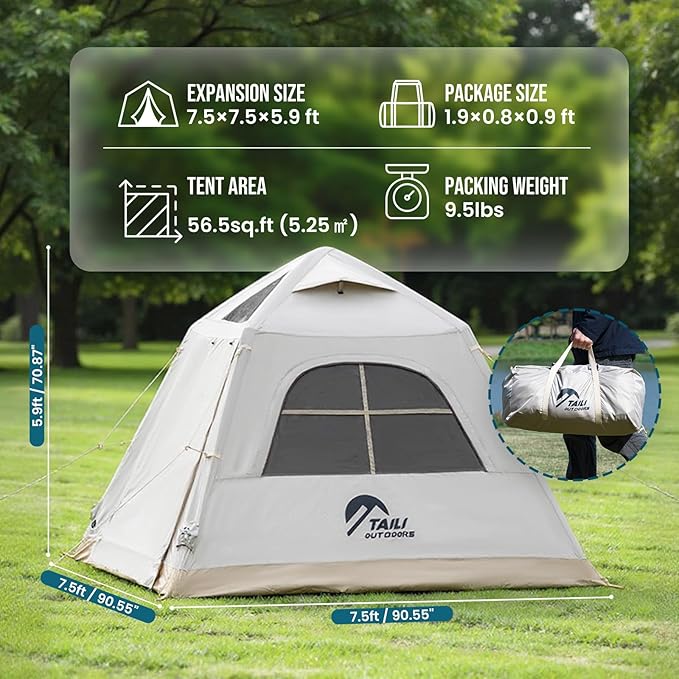 TAILI Inflatable Blow Up Tent for Camping with Hand Pump for 2/3/4/6 Person, Easy Setup Outdoor Inflatable Oxford Waterproof Air Tent House for Family Camping Adult