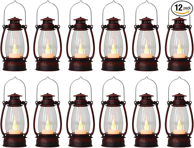 12Pcs Hand-Brushed Red Mini Lanterns for Vintage Christmas Table Decorations – 6Inch Small Candle Lanterns for Western Cowboy Camping Halloween Weddings Party Centerpiece & Hanging Ornaments