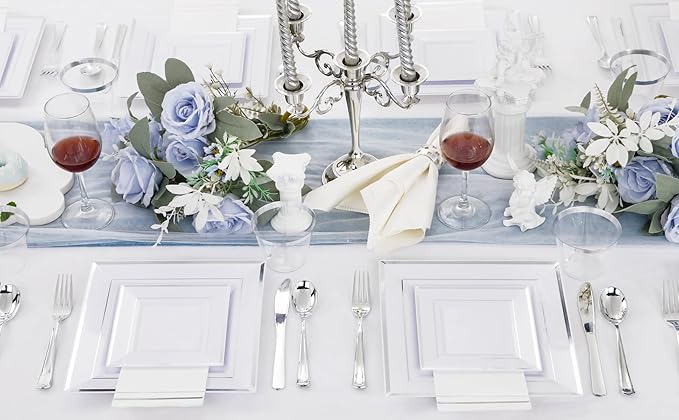 Festiva 350Pcs Silver Plates - Silver Square Plastic Plates 9 .5" and 6" - serve for 50 guests include 50 Cups 50Plastic Cutlery 50Hand Napkins Perfect for Party&Wedding&Birthday&Easter Day