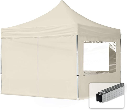 10x10 ft PES 700 Pop up Canopy Tent Economy Aluminium 1.3 in., incl. 4 Sidewalls with Panorama Windows, Cream