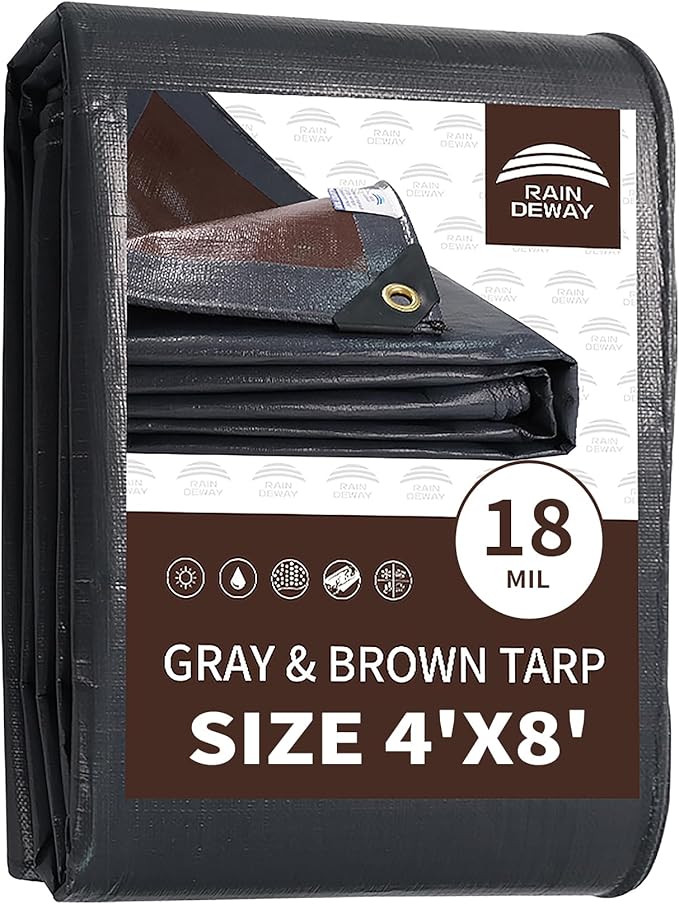 RAINDEWAY 4x8 Feet Super Heavy Duty Tarp 18 Mil, UV Resistant, Weatherproof, Multipurpose Waterproof Poly Tarp with Grommets and Reinforced Edges, Brown/Gray Tarps
