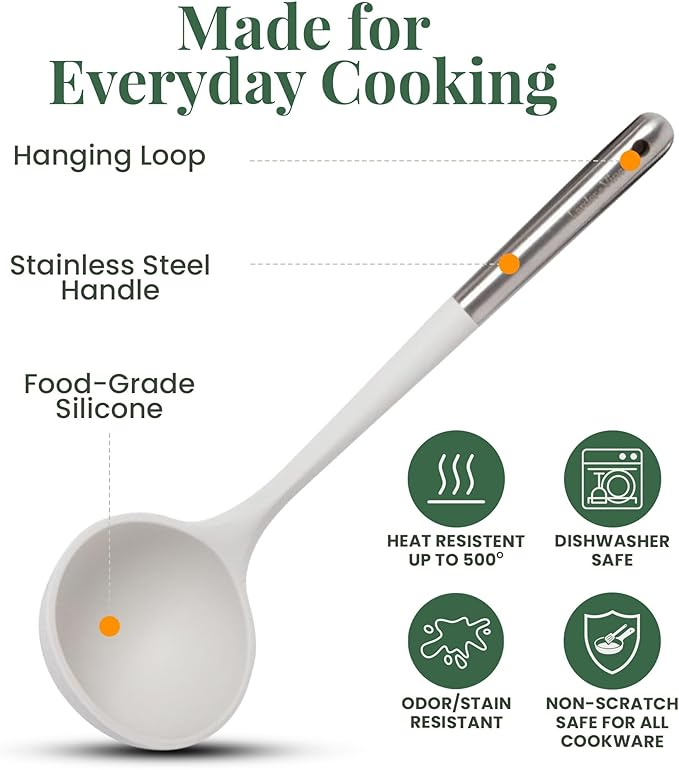 Larder & Vine 12-Piece Silicone Kitchen Cooking Utensils Set with Stainless Steel Handle and Ceramic Holder, Dishwasher Safe Set of Kitchen Essentials (French Gray)