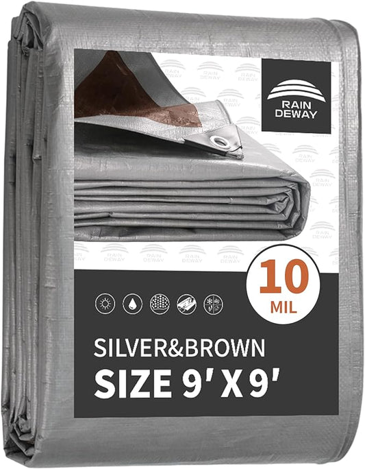 RAINDEWAY Tarps Heavy Duty Waterproof 9x9 Feet,10Mil Thick Multipurpose Poly Tarp Cover with Metal Grommets and Reinforced Edges,Silver/Brown Tarp