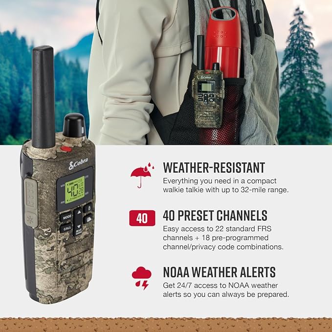 Cobra RX380 Walkie Talkies (2-Pack) – Weather Resistant Two Way Radios Long Range, 40 Pre-Programmed Channels, Weather Alerts, LED Flashlight, Long-Life NiMH Batteries (TrueTimber Strata Camo)