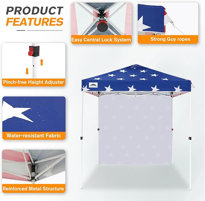 EAGLE PEAK Pop Up Canopy Tent with 1 Sidewall, Easy Setup Event Tent, Outdoor Sun Shade, Wheeled Carry Bag, Stakes and Guy Ropes, Instant Canopy 6.6x6.6, American Flag